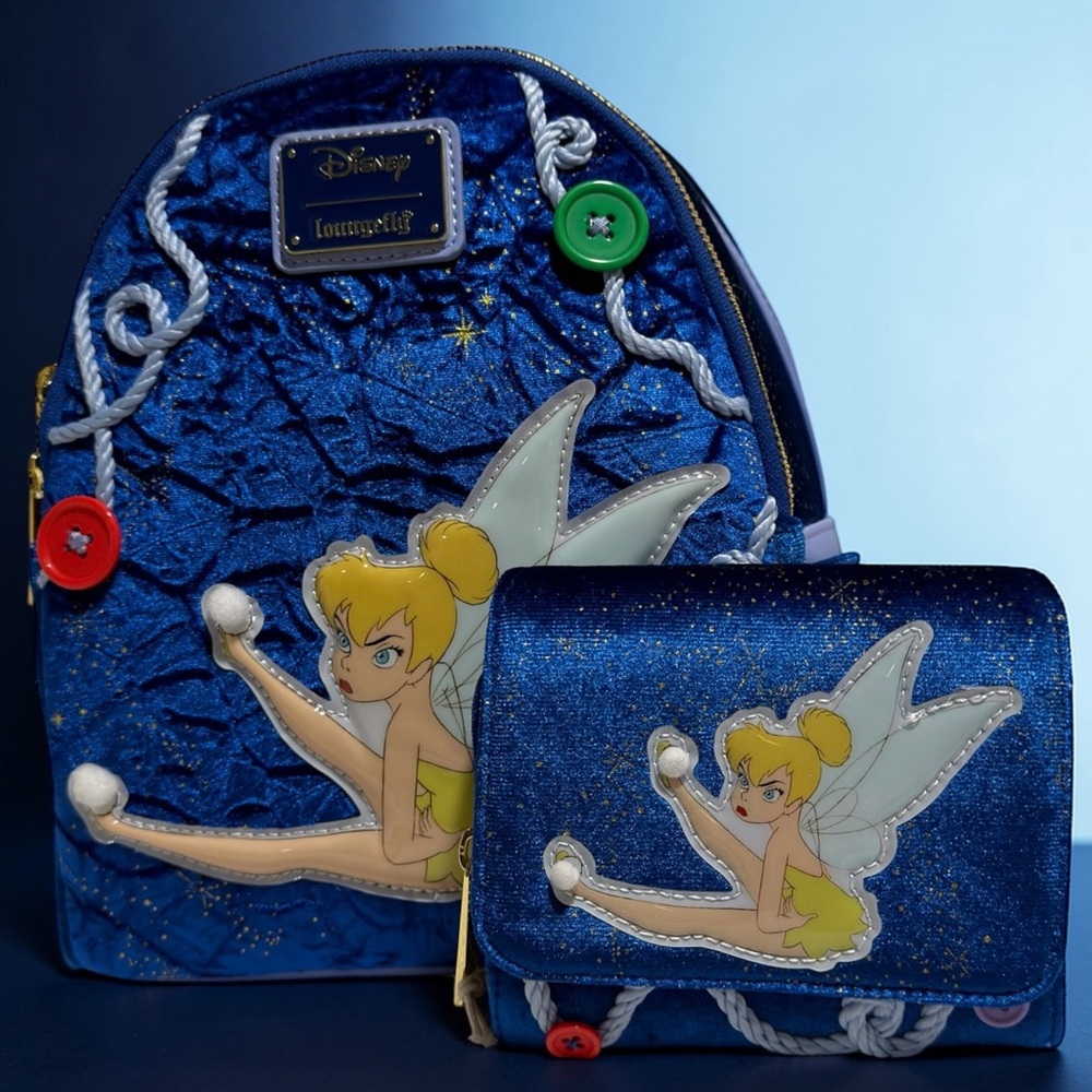 Disney Tinker Bell Loungefly Light up Backpack Wallet Set Blue Glitter NWT